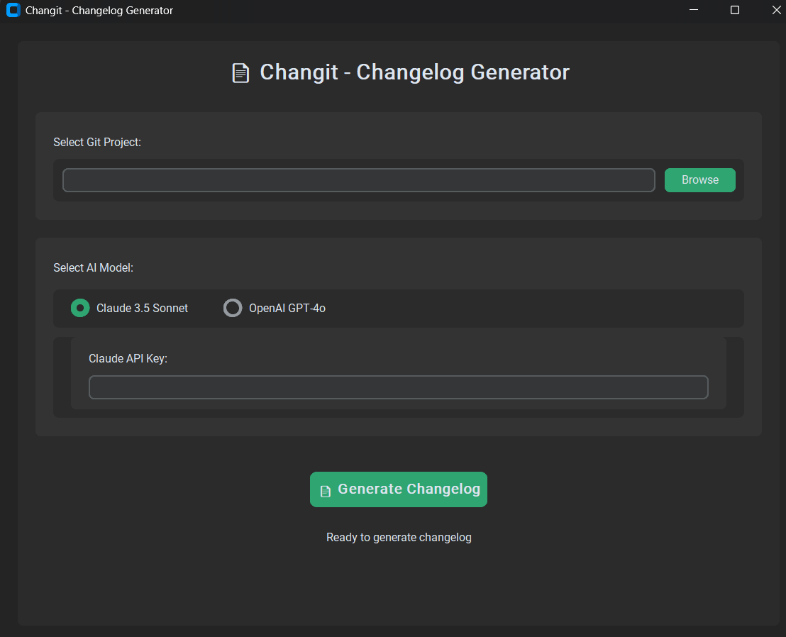Changit GUI showing AI changelog generation from git commits